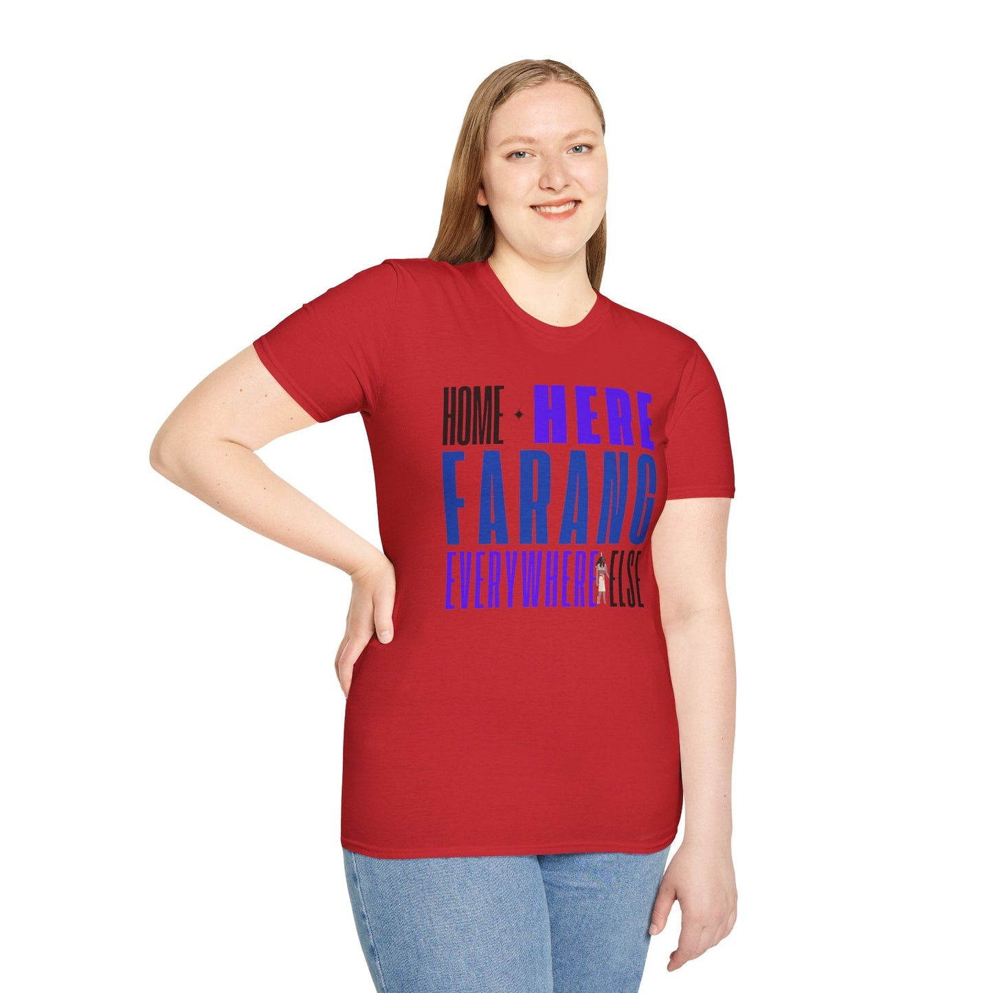 "Home Is Here Farang everywherelse" Unisex Softstyle T-Shirt for serious travellers Printify