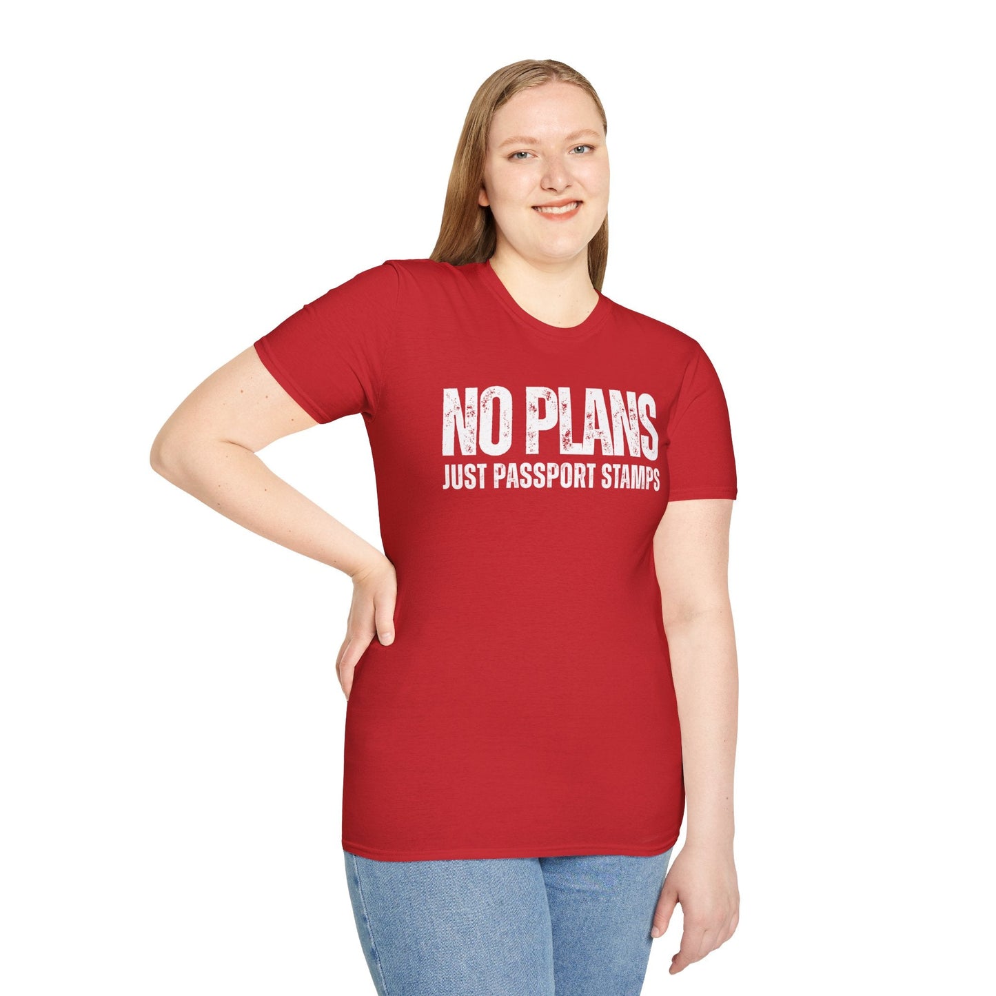 Travel-Inspired Unisex T-Shirt – "No Plans, Just Passport Stamps" Printify