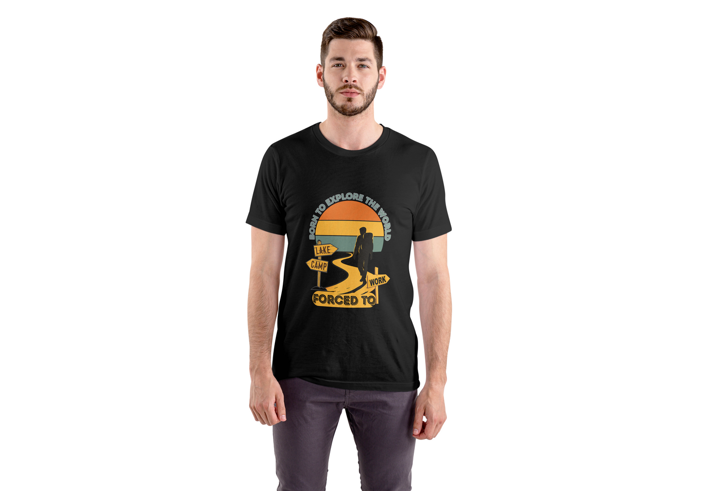 Adventure Hiker T-Shirt — "Born to Explore the World, Forced to Work" Retro Camping Tee Printify