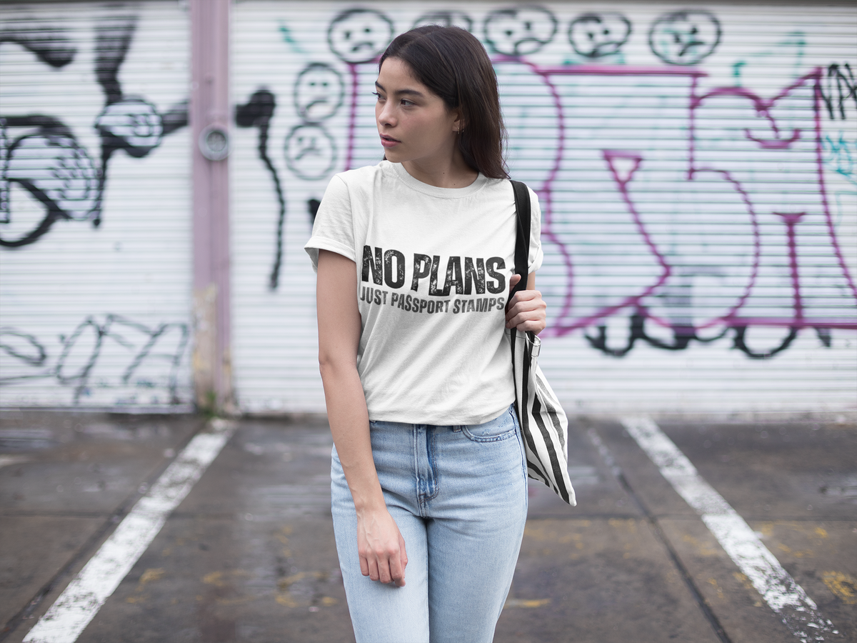 Travel-Inspired Unisex T-Shirt – "No Plans, Just Passport Stamps" Printify