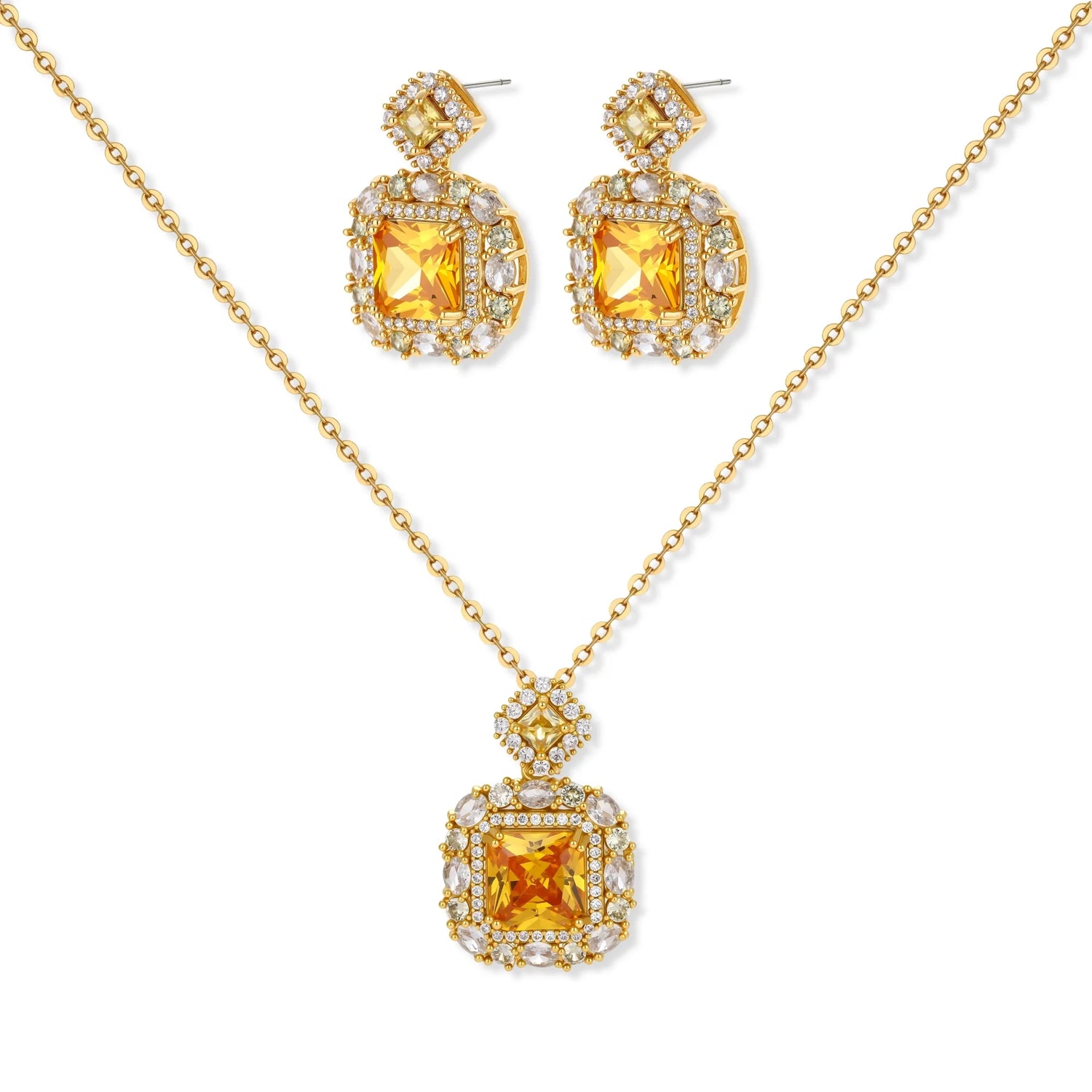 14K gold-plated jewelry set featuring square-cut cubic zirconia stones in ornate layered settings on white background.
