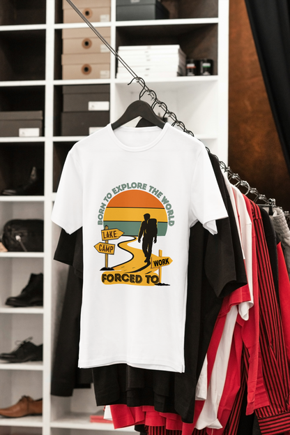 Adventure Hiker T-Shirt — "Born to Explore the World, Forced to Work" Retro Camping Tee