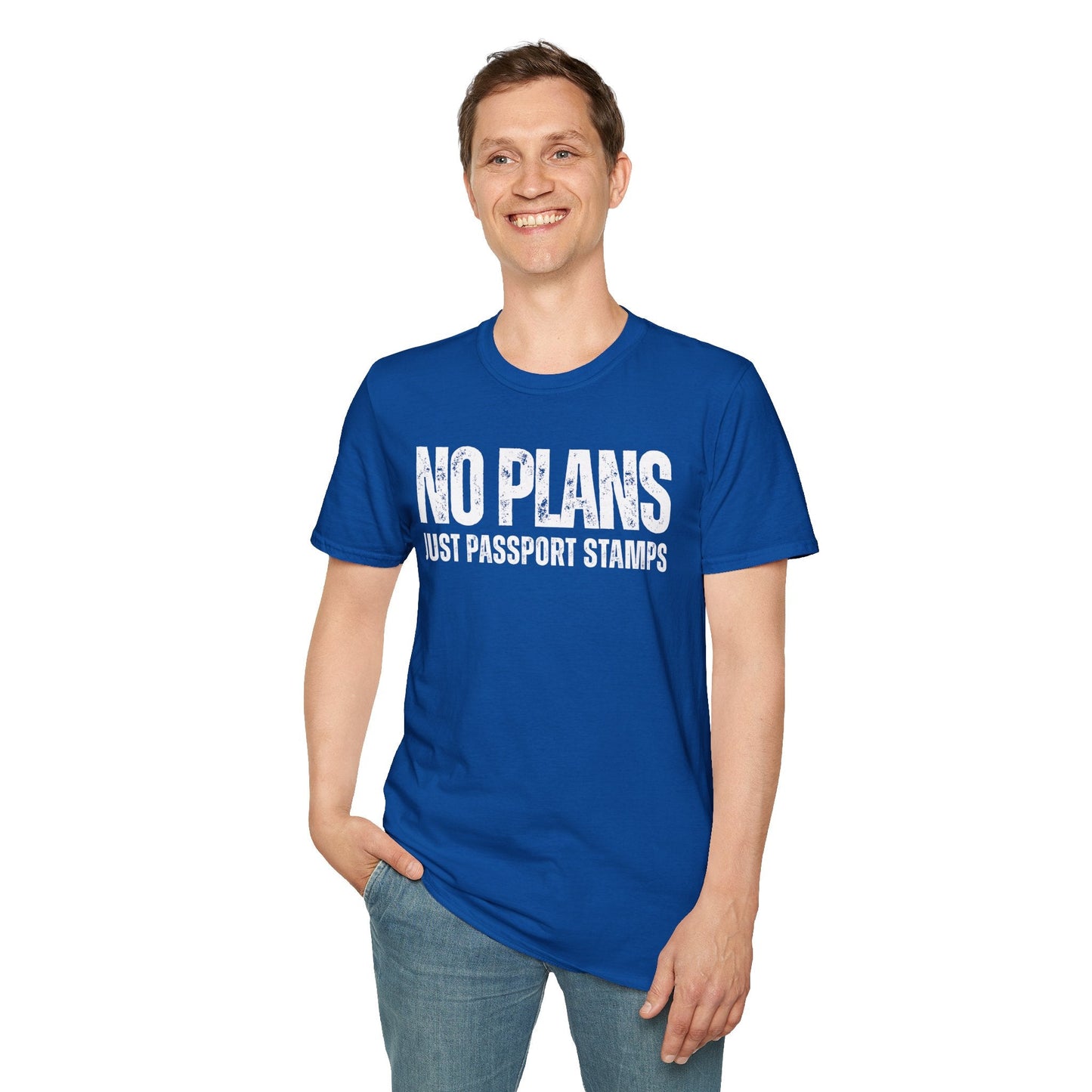 Travel-Inspired Unisex T-Shirt – "No Plans, Just Passport Stamps" Printify