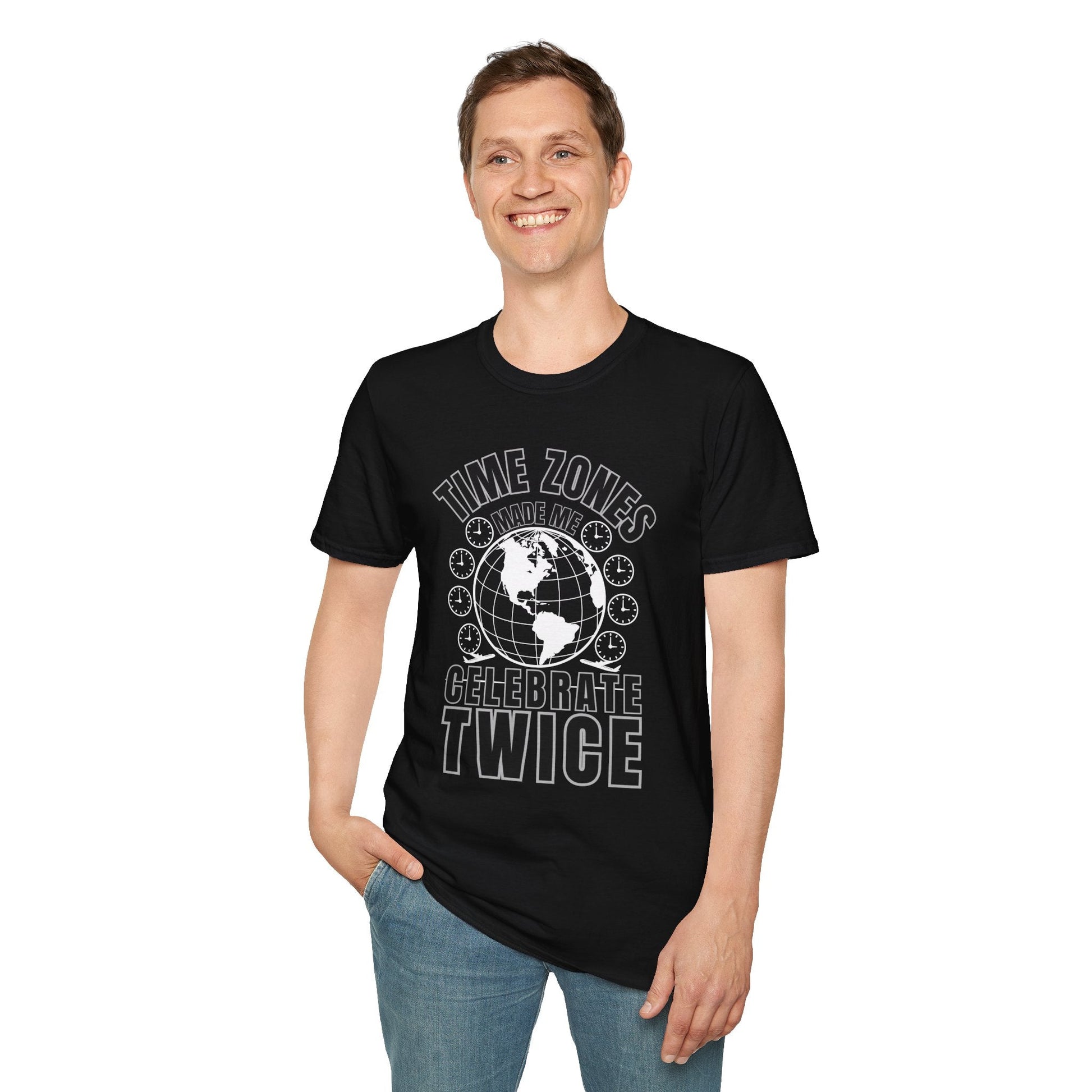 T-Shirt-“Time Zones Made Me Celebrate Twice” Globe Graphic Printify