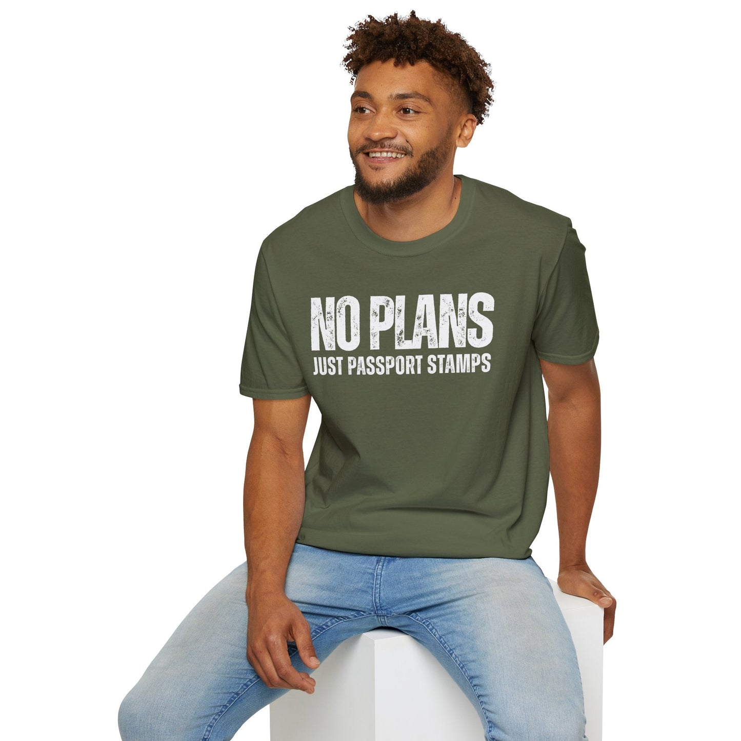 Travel-Inspired Unisex T-Shirt – "No Plans, Just Passport Stamps" Printify