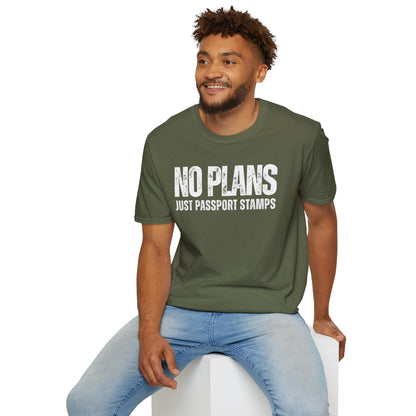 Travel-Inspired Unisex T-Shirt – "No Plans, Just Passport Stamps" Printify
