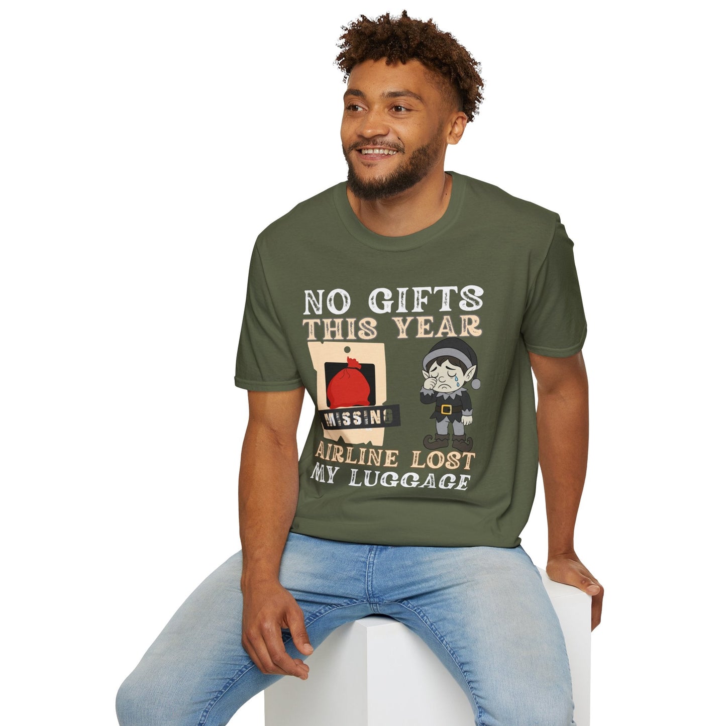 T-Shirt – "No Gifts This Year, The Airline Lost My Luggage" Funny Holiday Travel Tee Printify