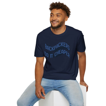 Wavy "Backpackers Do It Cheaper" Graphic T‑Shirt — Budget Travel Quote Tee