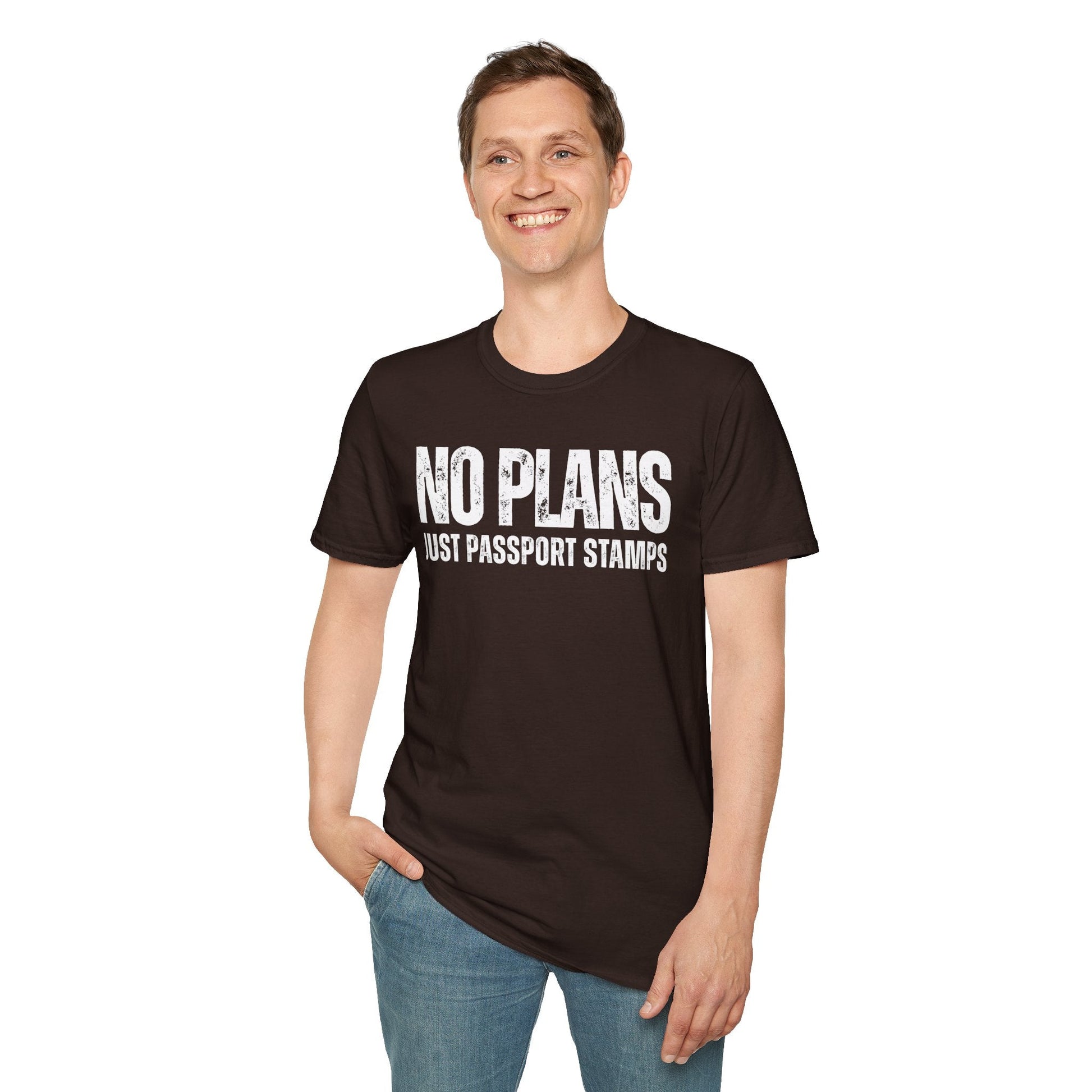 Travel-Inspired Unisex T-Shirt – "No Plans, Just Passport Stamps" Printify