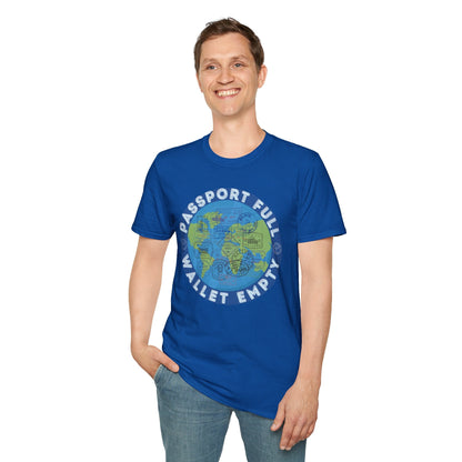Travel T-Shirt — “Passport Full, Wallet Empty” with Globe Graphic Printify