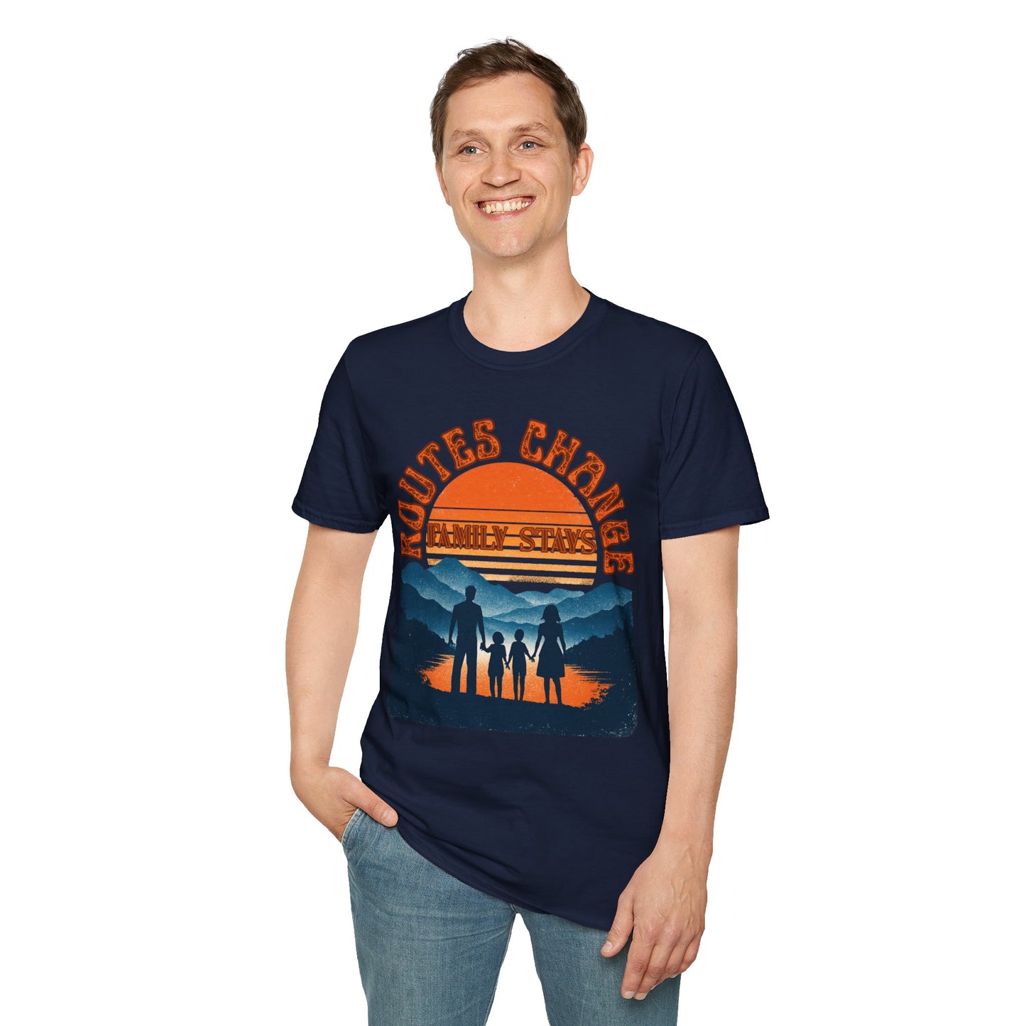 Family Sunset Camping T-Shirt – "Routes Change, Family Stays" Outdoor Adventure Tee