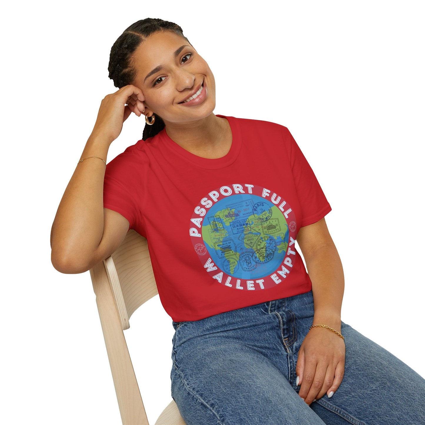 Travel T-Shirt — “Passport Full, Wallet Empty” with Globe Graphic Printify