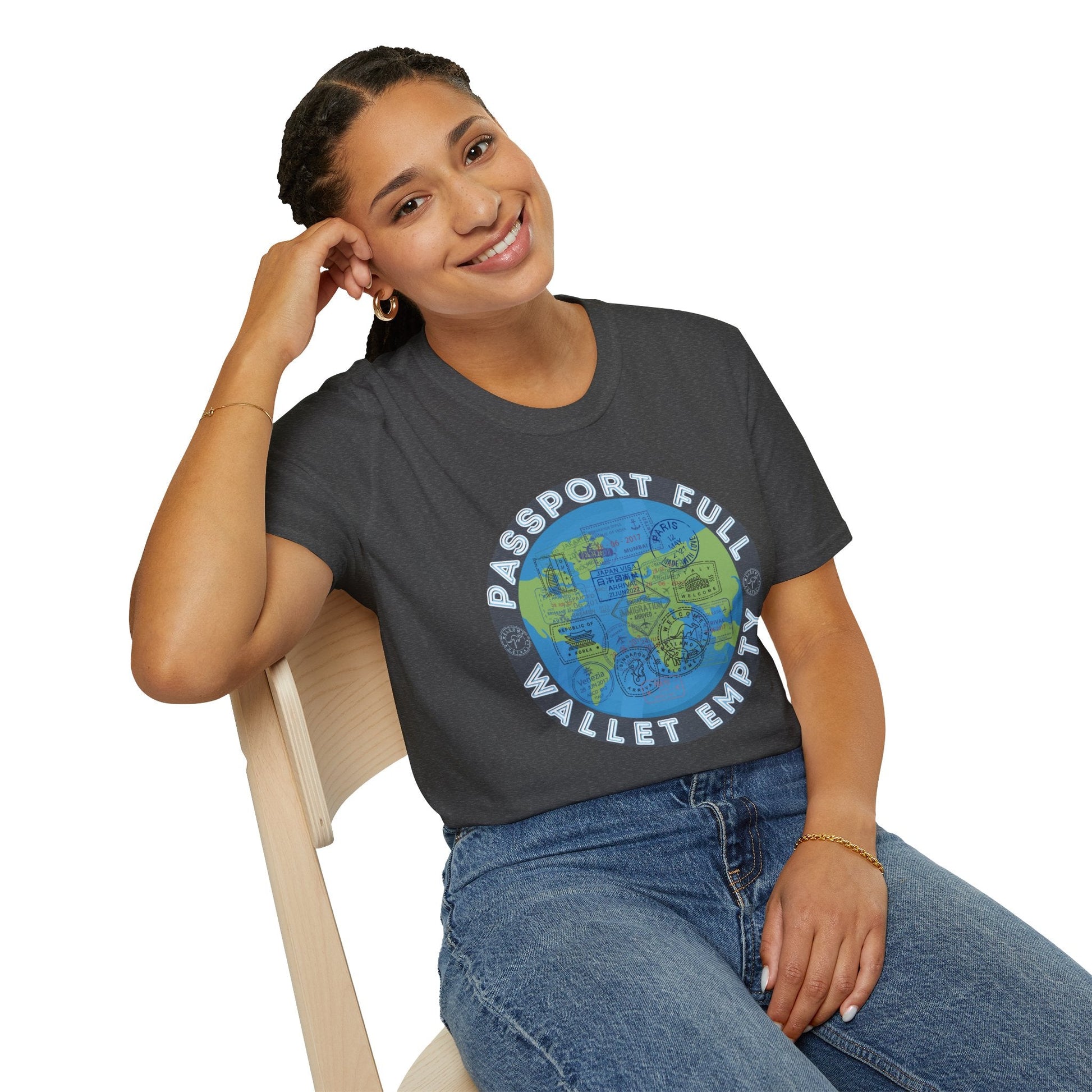 Travel T-Shirt — “Passport Full, Wallet Empty” with Globe Graphic Printify