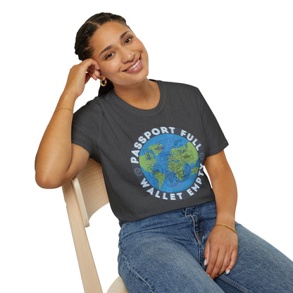 Travel T-Shirt — “Passport Full, Wallet Empty” with Globe Graphic Printify