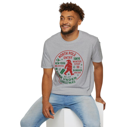 Christmas Travel Graphic T-Shirt — 'North Pole Down Under' Vintage Santa Design Printify