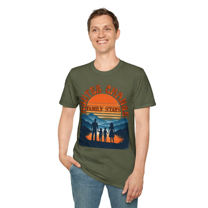 Family Sunset Camping T-Shirt – "Routes Change, Family Stays" Outdoor Adventure Tee