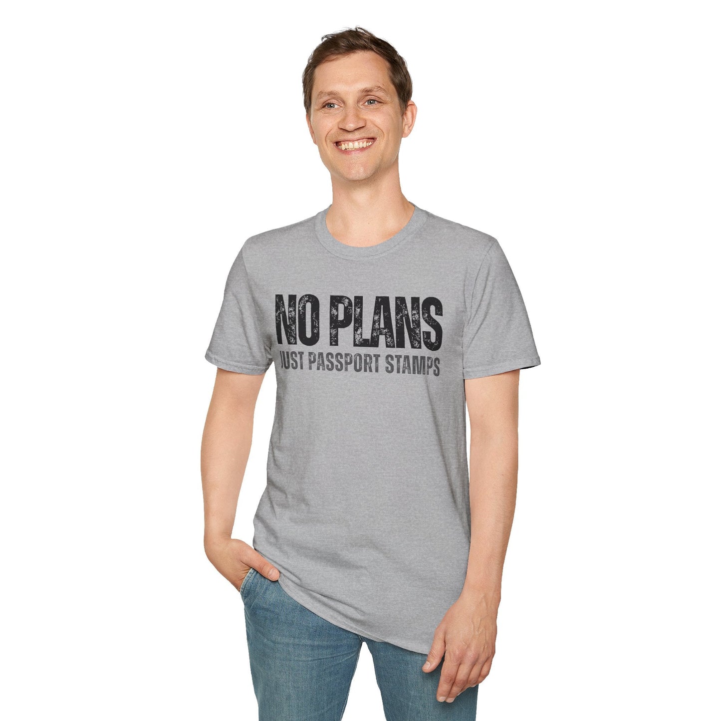 Travel-Inspired Unisex T-Shirt – "No Plans, Just Passport Stamps" Printify