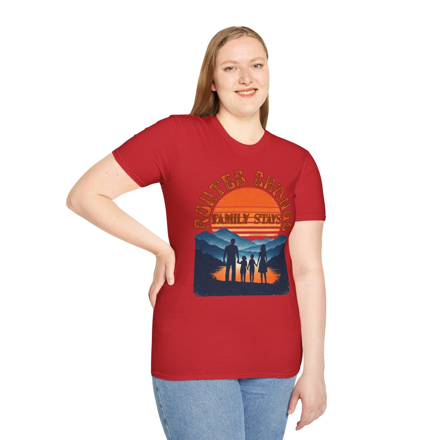 Family Sunset Camping T-Shirt – "Routes Change, Family Stays" Outdoor Adventure Tee