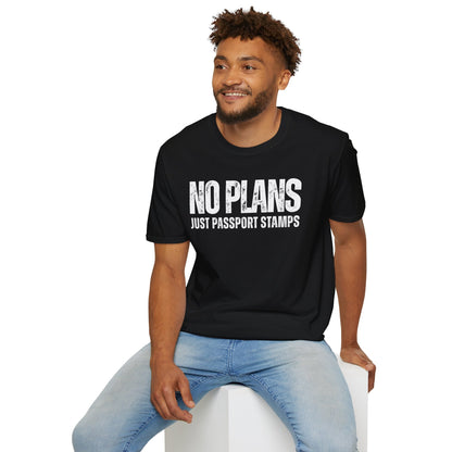Travel-Inspired Unisex T-Shirt – "No Plans, Just Passport Stamps" Printify
