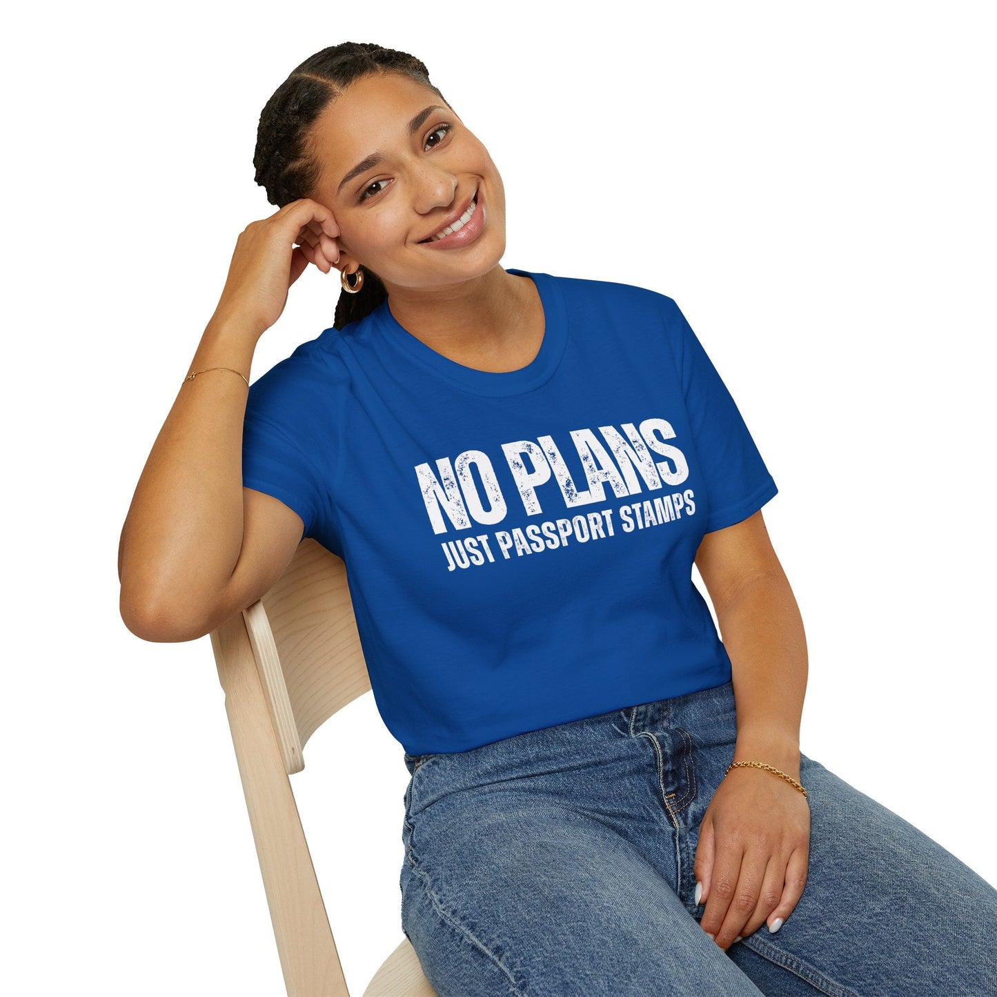 Travel-Inspired Unisex T-Shirt – "No Plans, Just Passport Stamps" Printify
