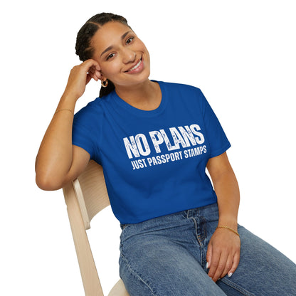 Travel-Inspired Unisex T-Shirt – "No Plans, Just Passport Stamps" Printify