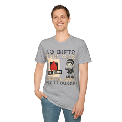 T-Shirt – "No Gifts This Year, The Airline Lost My Luggage" Funny Holiday Travel Tee Printify