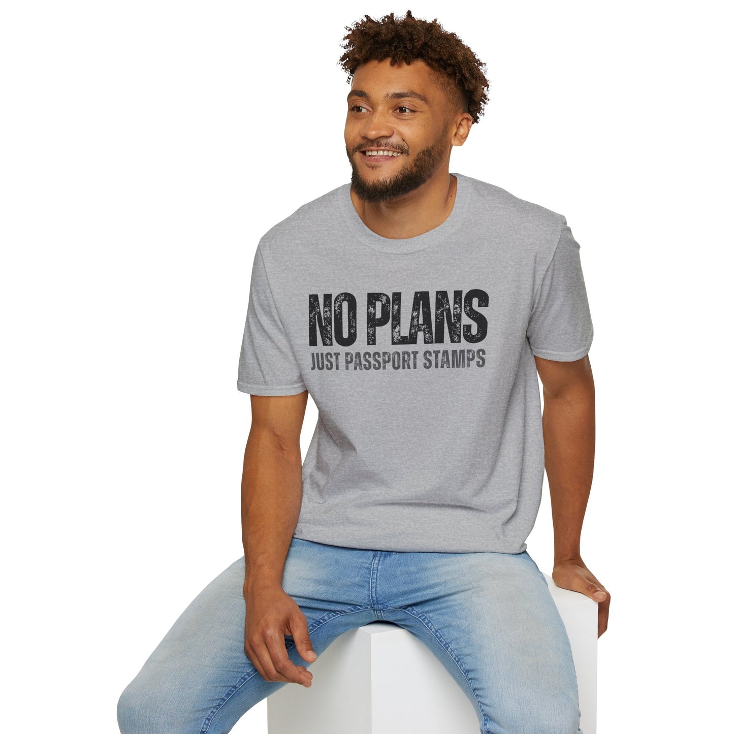 Travel-Inspired Unisex T-Shirt – "No Plans, Just Passport Stamps" Printify