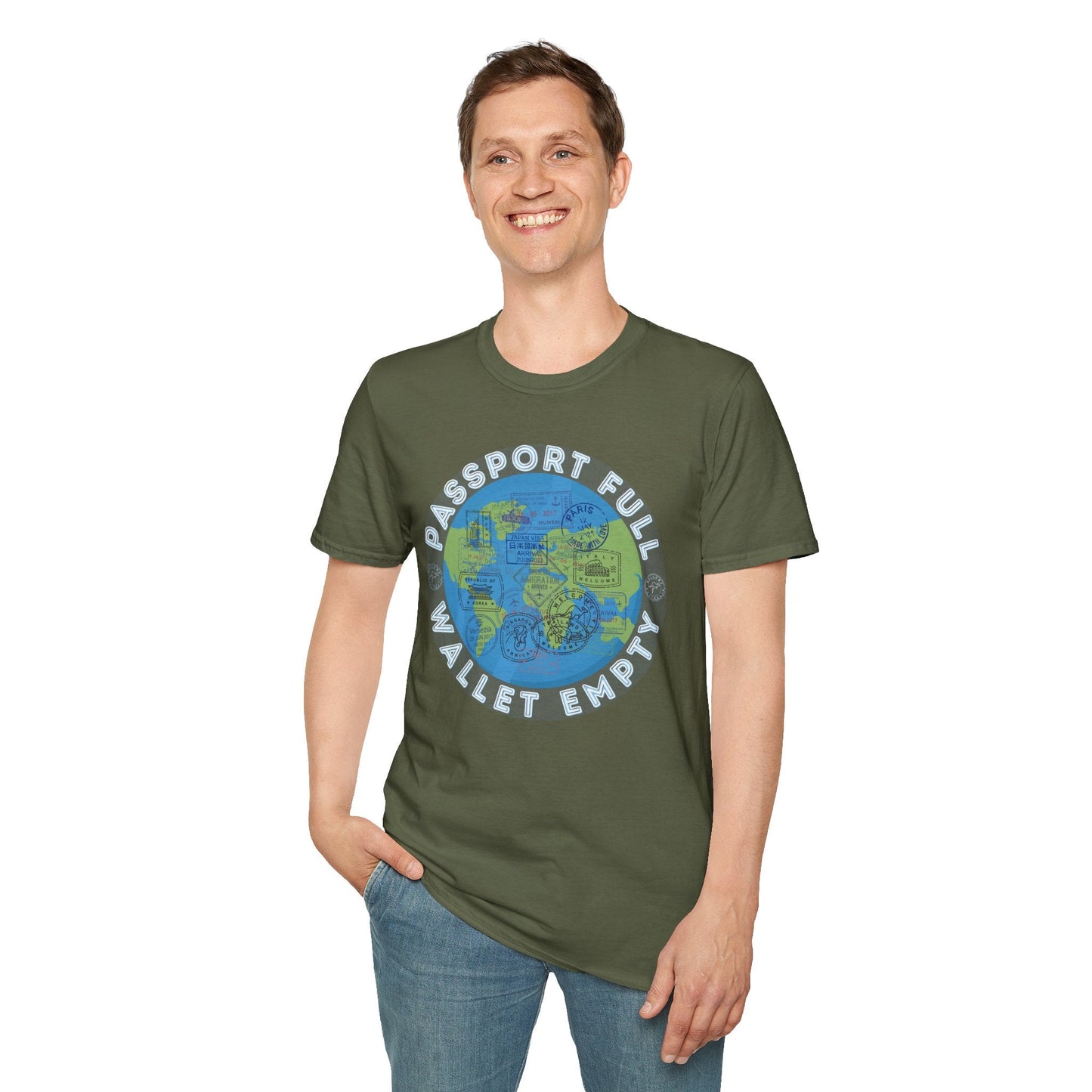 Travel T-Shirt — “Passport Full, Wallet Empty” with Globe Graphic Printify