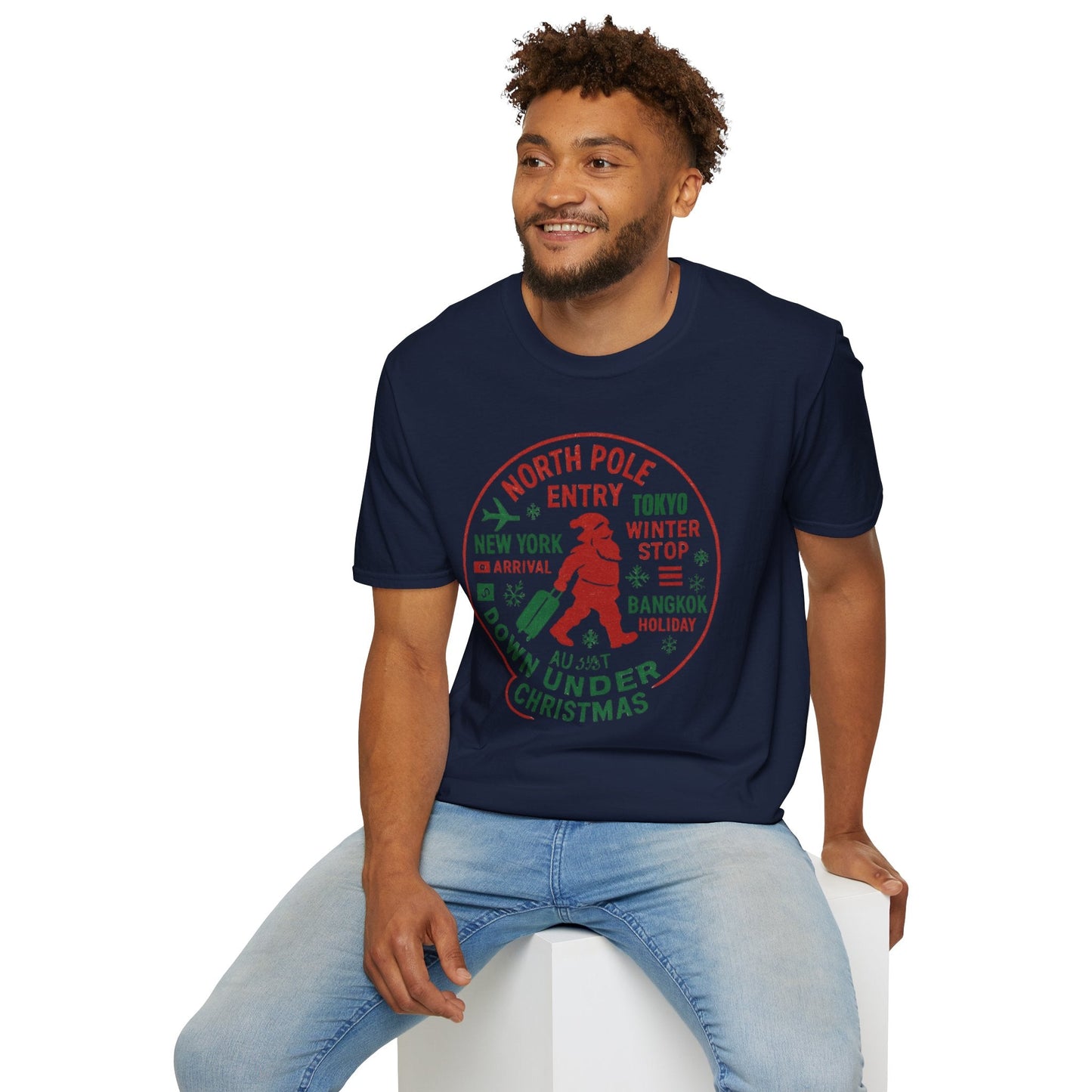 Christmas Travel Graphic T-Shirt — 'North Pole Down Under' Vintage Santa Design Printify