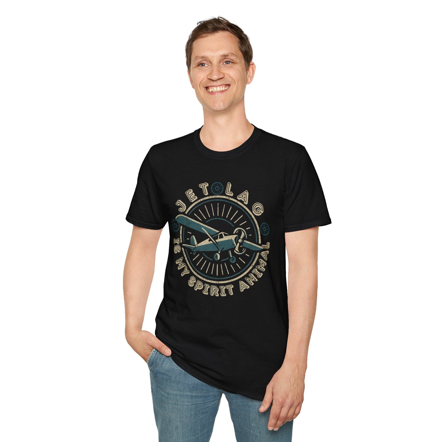 Vintage Propeller Plane T‑Shirt — "Jet Lag Is My Spirit Animal" Frequent Traveler Tee Printify