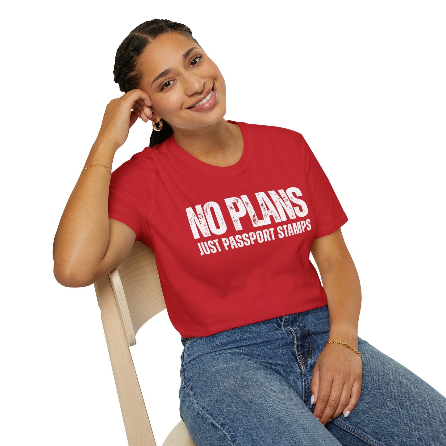 Travel-Inspired Unisex T-Shirt – "No Plans, Just Passport Stamps" Printify