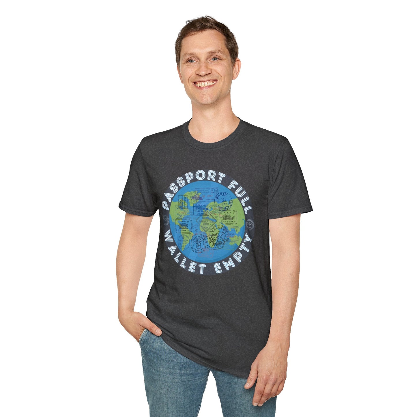 Travel T-Shirt — “Passport Full, Wallet Empty” with Globe Graphic Printify
