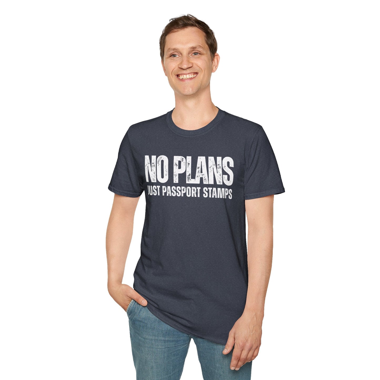 Travel-Inspired Unisex T-Shirt – "No Plans, Just Passport Stamps" Printify