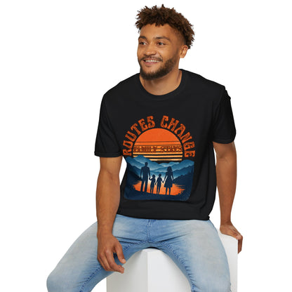Family Sunset Camping T-Shirt – "Routes Change, Family Stays" Outdoor Adventure Tee