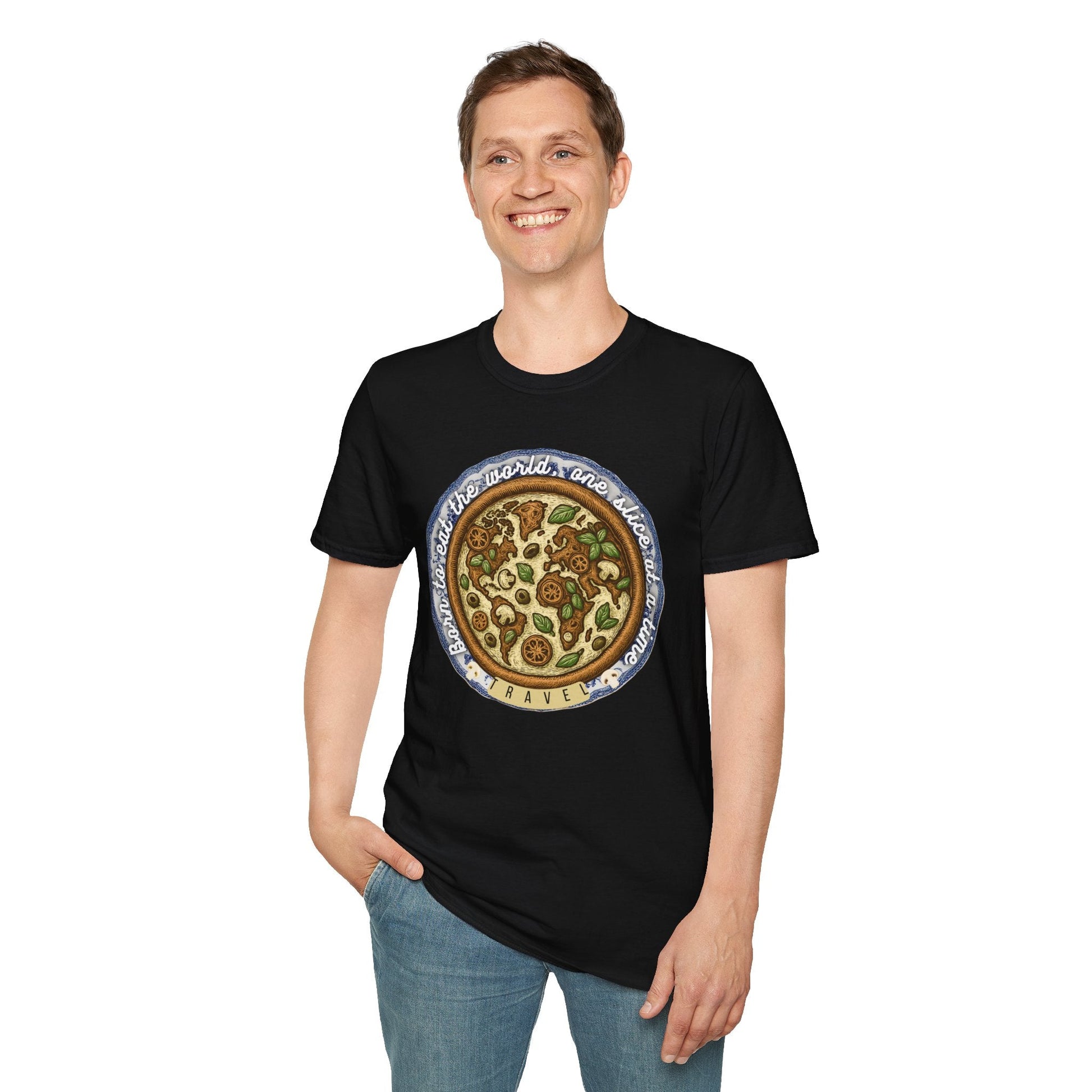 Unisex Pizza Lover's Funny Softstyle Travel T-Shirt - Born to Eat the World One Piece at a Time Printify