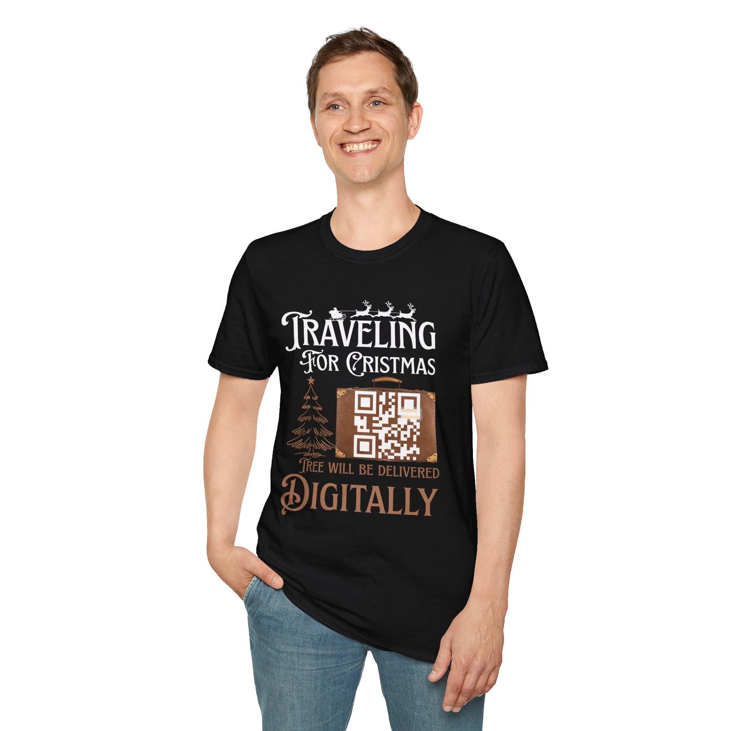 Traveling for Christmas T-Shirt — “Tree Will Be Delivered Digitally” Holiday Tee Printify