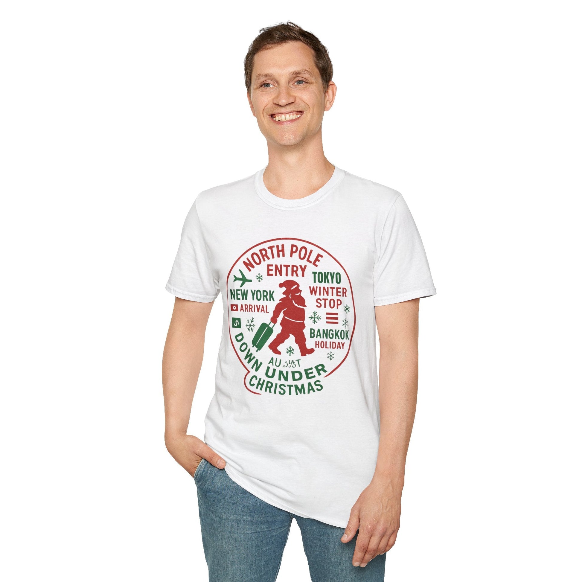 Christmas Travel Graphic T-Shirt — 'North Pole Down Under' Vintage Santa Design Printify