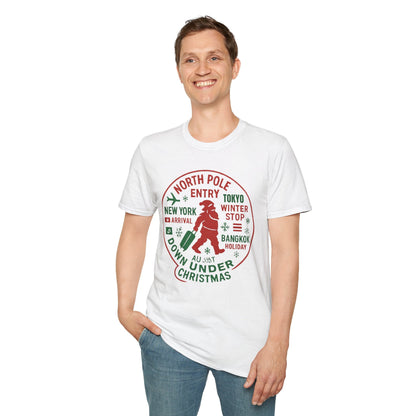 Christmas Travel Graphic T-Shirt — 'North Pole Down Under' Vintage Santa Design Printify