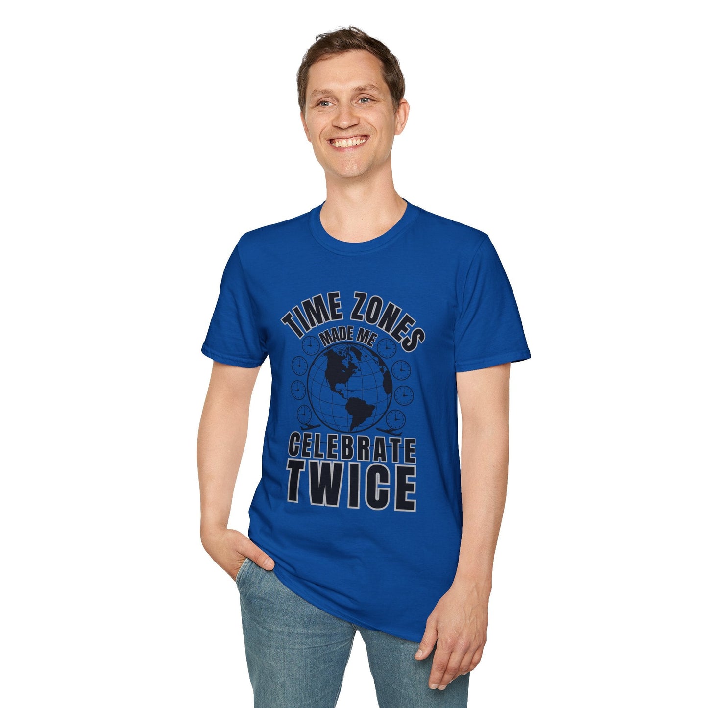 T-Shirt-“Time Zones Made Me Celebrate Twice” Globe Graphic Printify
