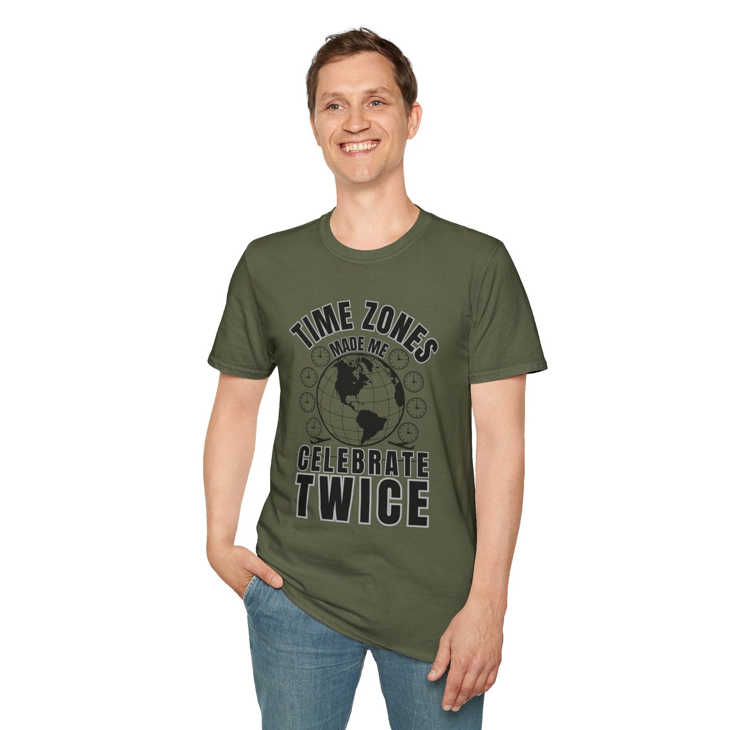 T-Shirt-“Time Zones Made Me Celebrate Twice” Globe Graphic Printify