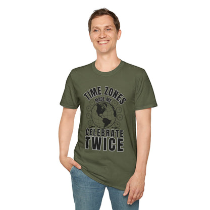 T-Shirt-“Time Zones Made Me Celebrate Twice” Globe Graphic Printify