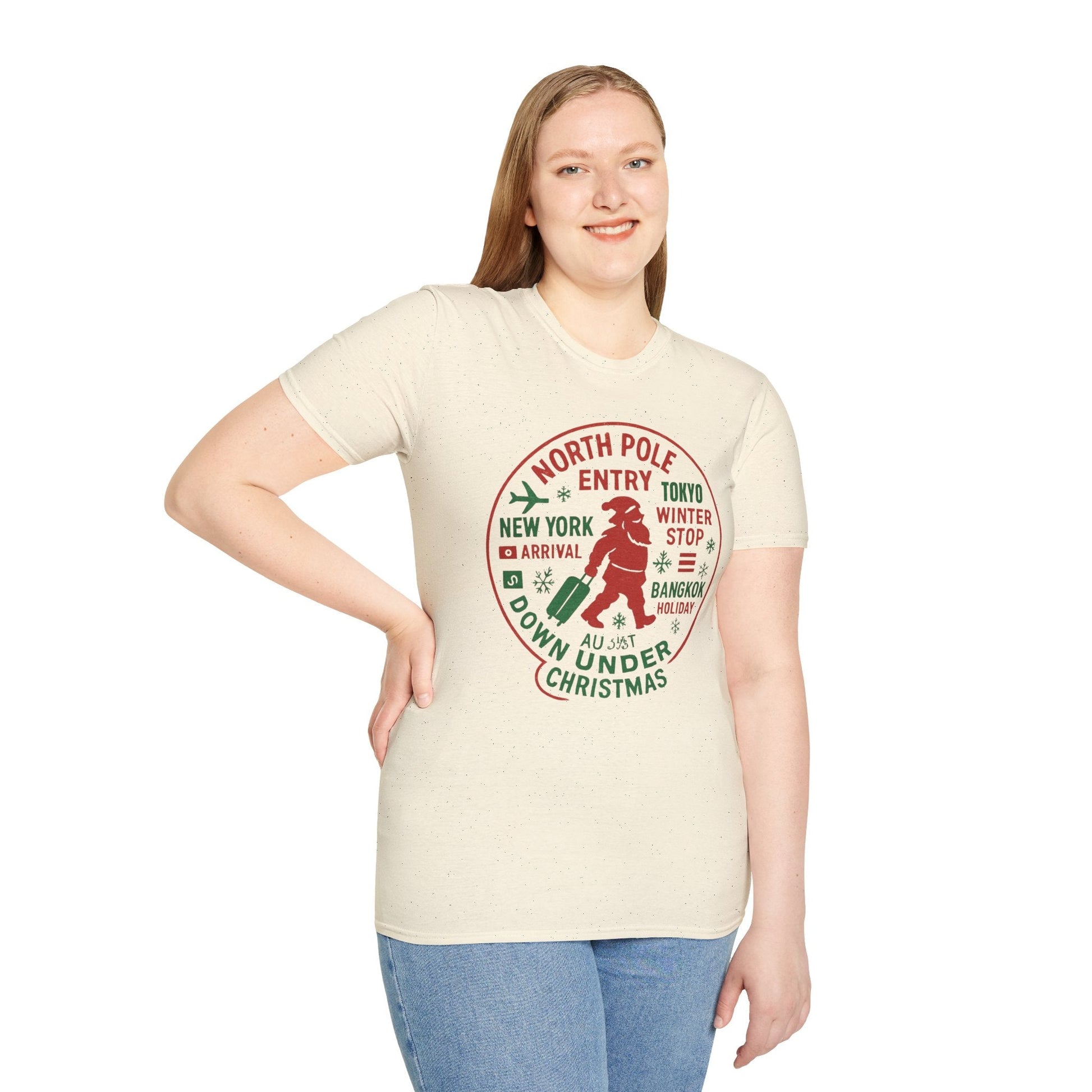 Christmas Travel Graphic T-Shirt — 'North Pole Down Under' Vintage Santa Design Printify