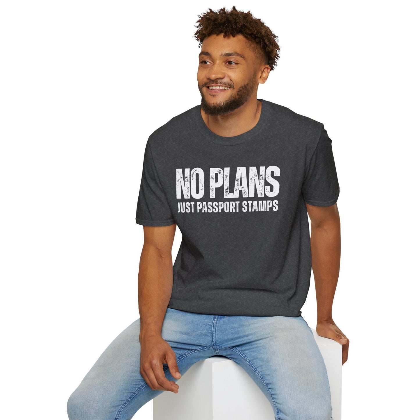 Travel-Inspired Unisex T-Shirt – "No Plans, Just Passport Stamps" Printify