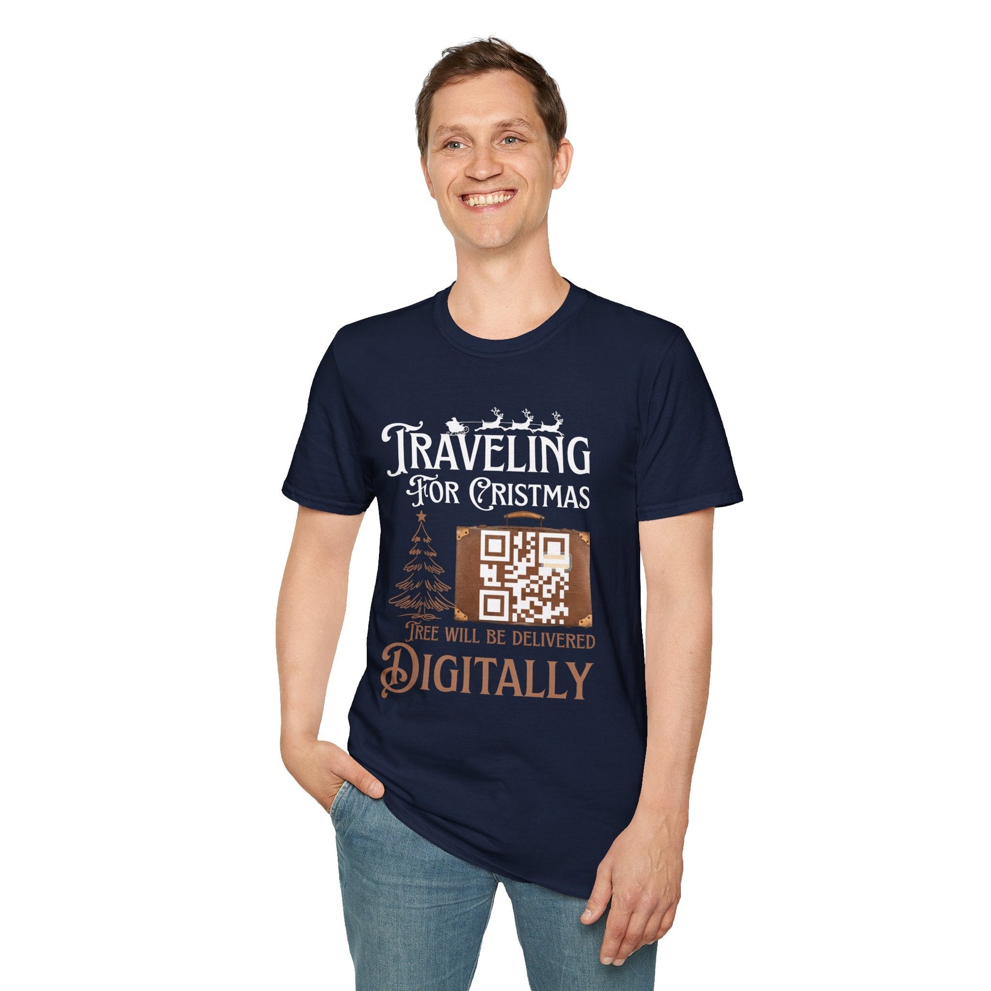 Traveling for Christmas T-Shirt — “Tree Will Be Delivered Digitally” Holiday Tee Printify