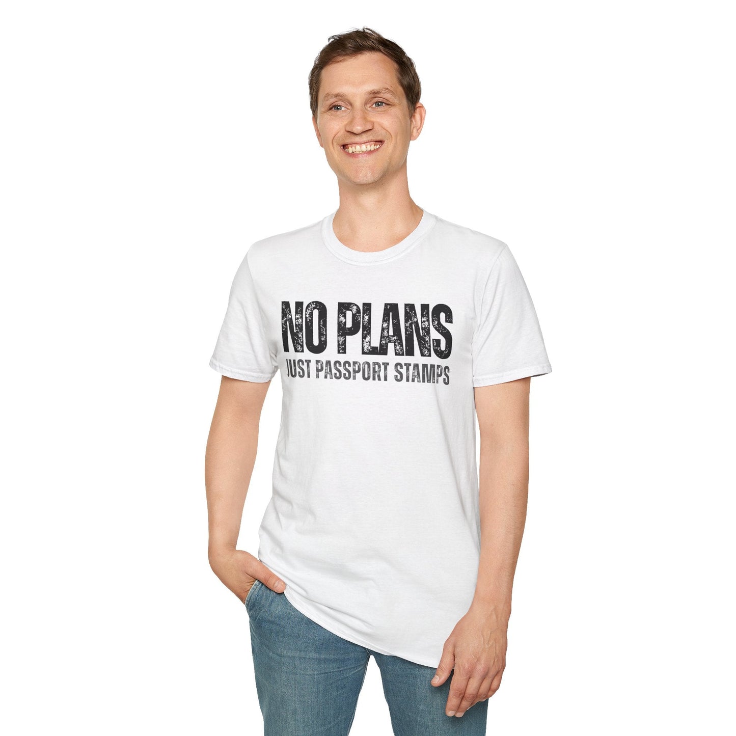 Travel-Inspired Unisex T-Shirt – "No Plans, Just Passport Stamps" Printify