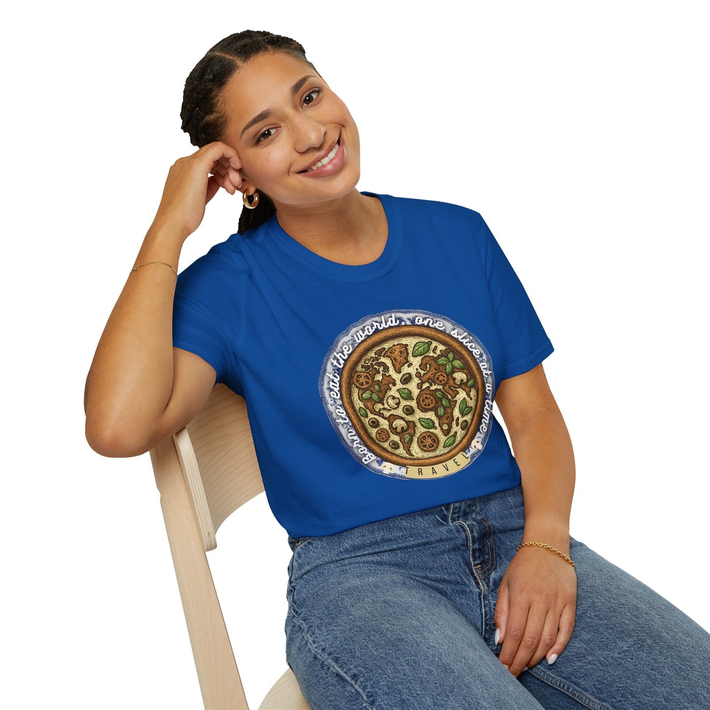 Unisex Pizza Lover's Funny Softstyle Travel T-Shirt - Born to Eat the World One Piece at a Time Printify