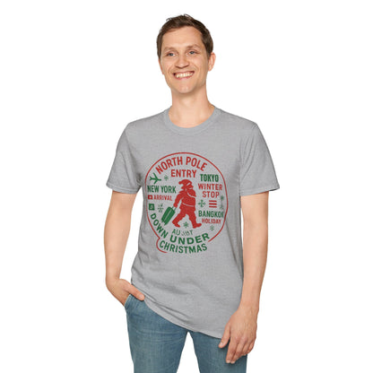 Christmas Travel Graphic T-Shirt — 'North Pole Down Under' Vintage Santa Design Printify