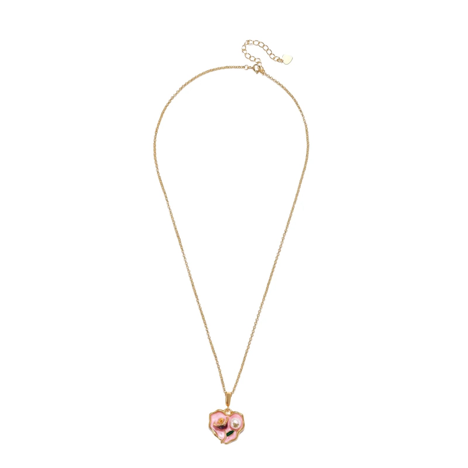 Heart-shaped pendant with pink enamel, rose design, freshwater pearl flower, and gold scalloped frame on delicate chain