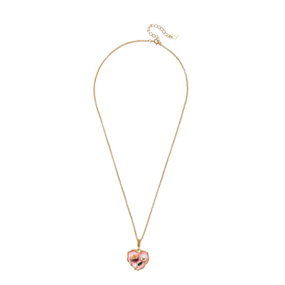 Heart-shaped pendant with pink enamel, rose design, freshwater pearl flower, and gold scalloped frame on delicate chain