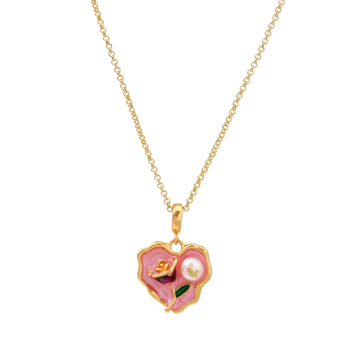 Heart-shaped pendant with pink enamel, rose design, freshwater pearl flower, and gold scalloped frame on delicate chain